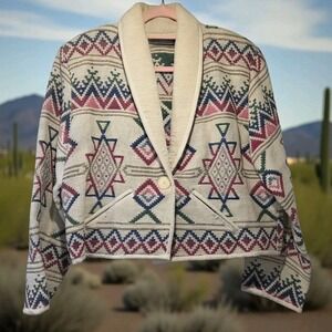 Vintage Southwestern Aztec Short Blazer Tapestry  Shawl Collar Size XL  READ